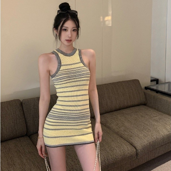 Đầm Dệt Kim Sọc Nữ Mùa Hè Phong Cách Mới Skinny Màu Sắc Tương Phản Đầm Ôm