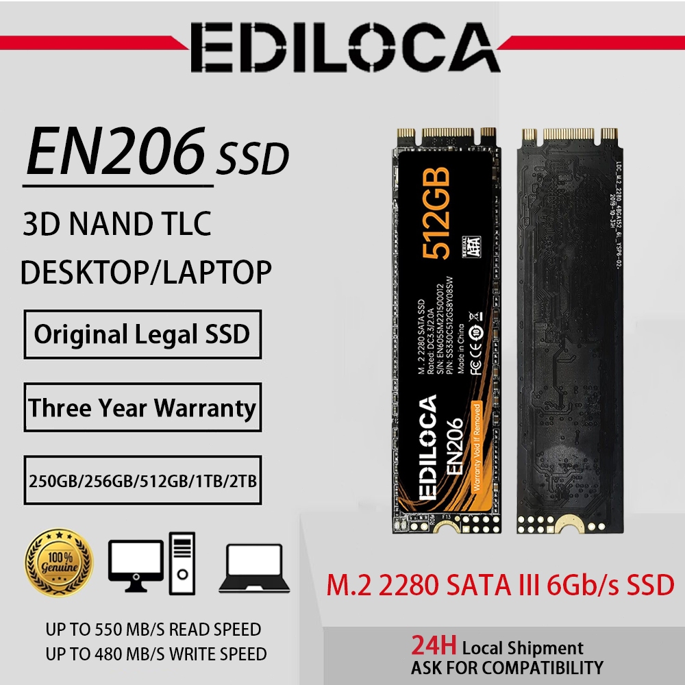 M.2 SATA 2280 SSD SATA III 6Gb/s EDILOCA EN206 3D NAND TLC Read