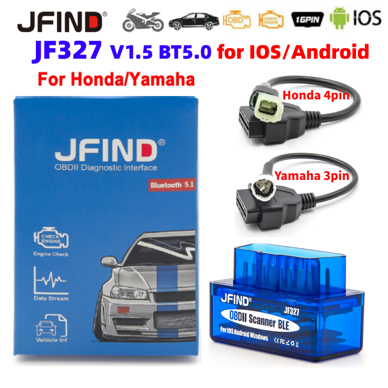 Máy quét xe máy JFIND JF327 V1.5 OBD2 Bluetooth5.0 cho Android / IOS cho Yamaha y15 3PIN đến 16PIN cho Honda 4PIN OBD 2 Cáp Đầu đọc mã lỗi ô tô Công cụ chẩn đoán tự động PK ELM327