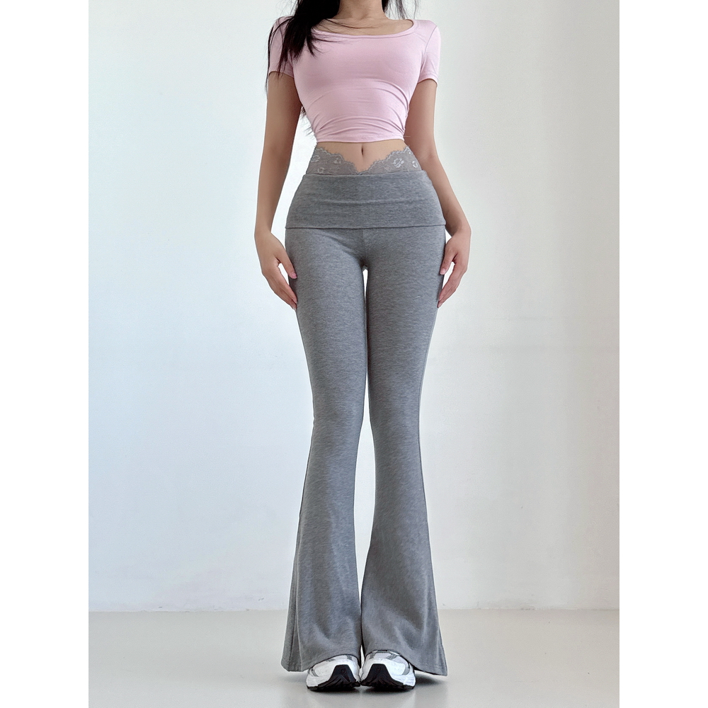 Quần ren cổ thấp chữ V dáng loe cạp cao, ống rộng, slim-fit, phong cách mùa hè thể thao, cho nữ