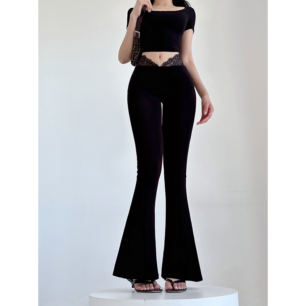 Quần ren cổ thấp chữ V dáng loe cạp cao, ống rộng, slim-fit, phong cách mùa hè thể thao, cho nữ