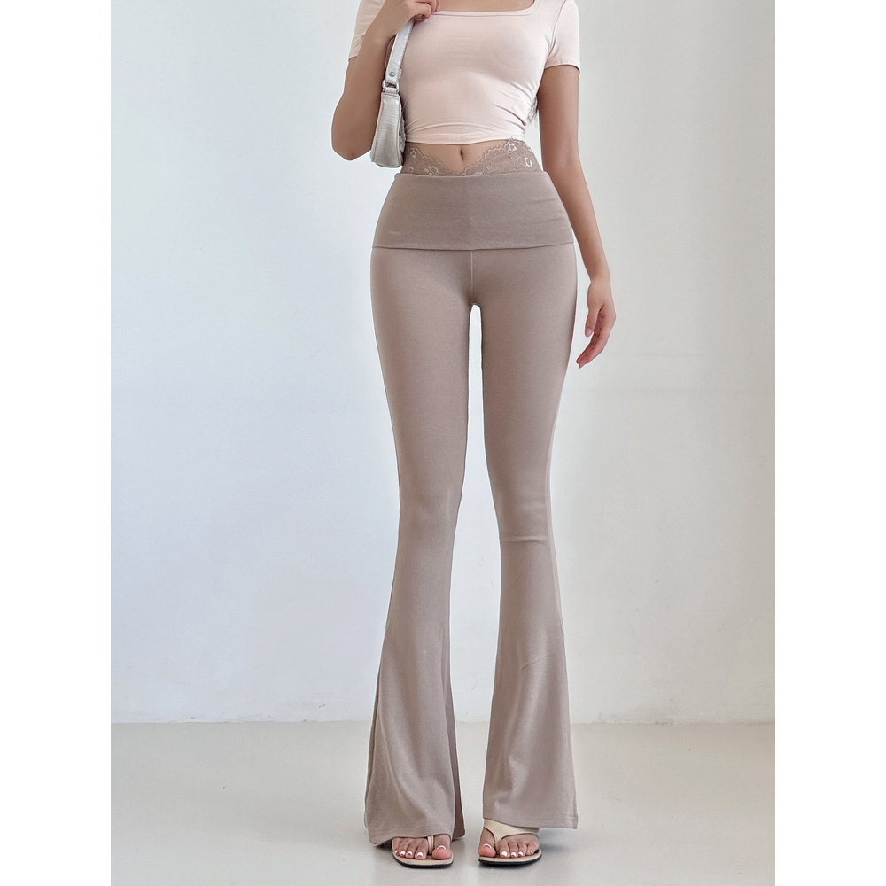 Quần ren cổ thấp chữ V dáng loe cạp cao, ống rộng, slim-fit, phong cách mùa hè thể thao, cho nữ