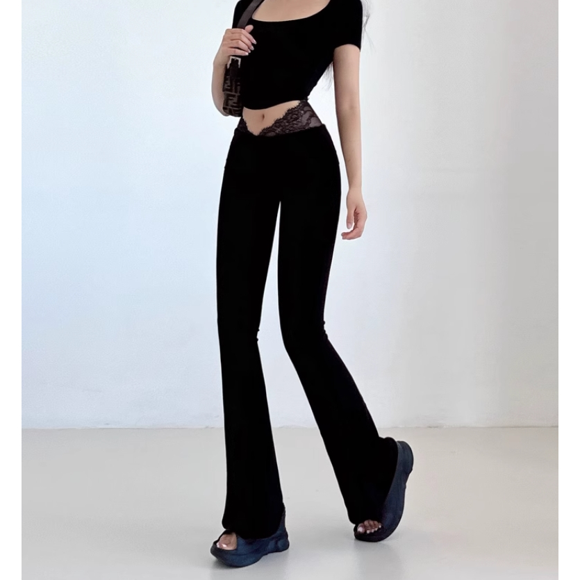 Quần ren cổ thấp chữ V dáng loe cạp cao, ống rộng, slim-fit, phong cách mùa hè thể thao, cho nữ