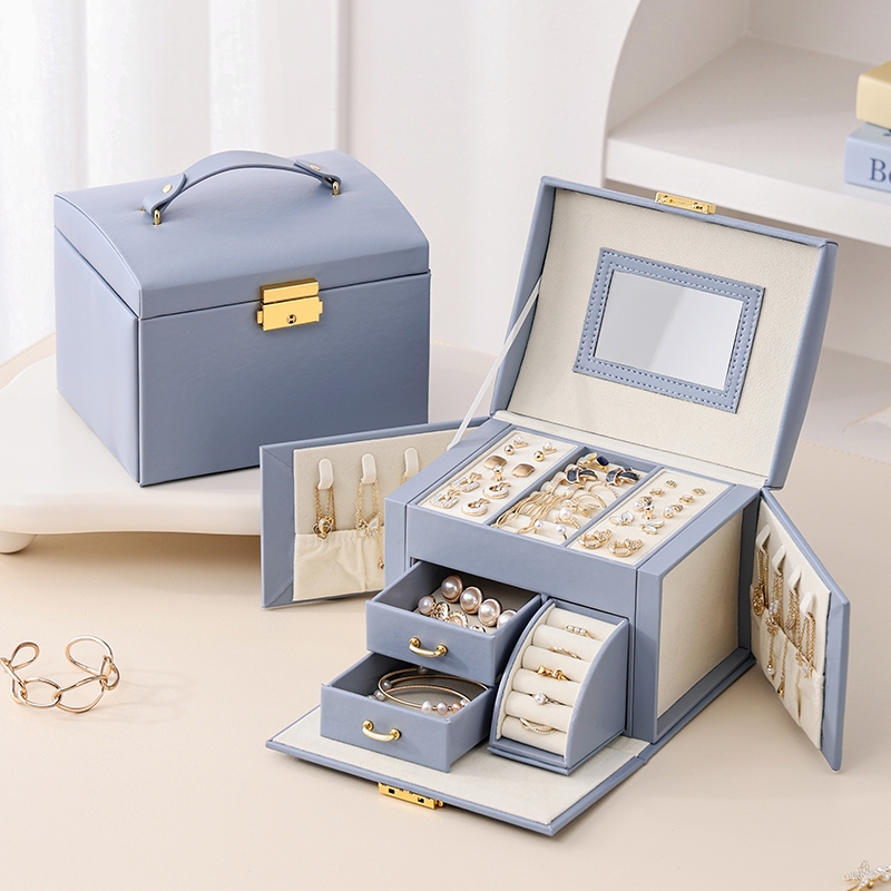 Hộp đựng trang sức 3 tầng CASEGRACE Hộp đựng trang sức du lịch có tay cầm 2 ngăn kéo có thể khóa và chìa khóa Hộp đựng đồ trang sức có gương Quà tặng lưu trữ trang sức cho hộp nhẫn bông tai vòng cổ