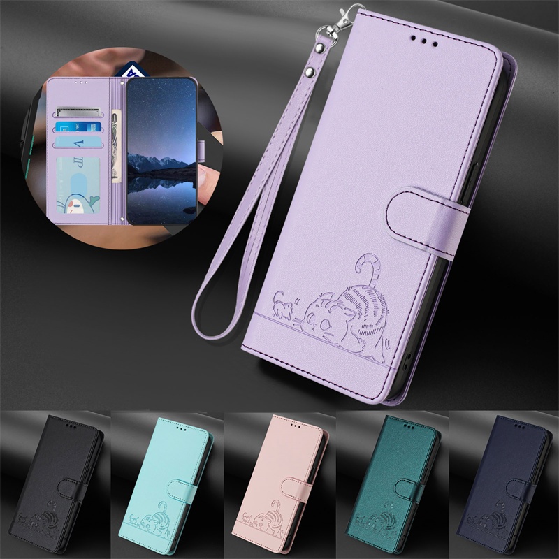 Vỏ Cho IPhone 13 Mini 14 15 16 Plus Pro Max Flip Wallet Case Da 3D Nổi Hoạt Hình Dễ Thương Khe Cắm Thẻ Mèo Có Dây Buộc Miễn Phí