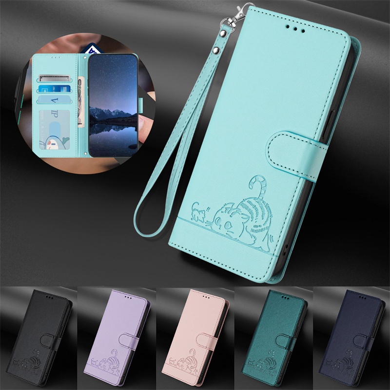 Ốp Lưng Cho Samsung Galaxy S6 S7 Edge S8 S9 S10 S20 + Plus Ultra S10e S20fe X Cover 6 Pro Flip Wallet Case Da 3D Dập Nổi Dễ Thương Khe Cắm Thẻ Mèo Có Dây Buộc