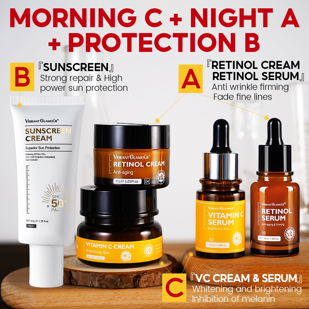 Ảnh Bộ 4 sản phẩm chăm sóc da sáng và tối + kem chống nắng VIBRANT GLAMOUR (retinol + vitamin C) làm trắng & chống lão hóa & mờ vết thâm 1