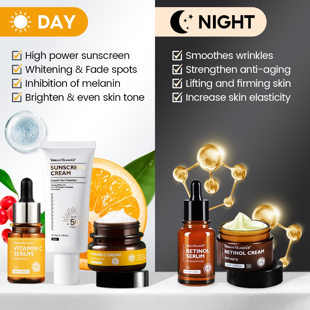 Ảnh Bộ 4 sản phẩm chăm sóc da sáng và tối + kem chống nắng VIBRANT GLAMOUR (retinol + vitamin C) làm trắng & chống lão hóa & mờ vết thâm 3