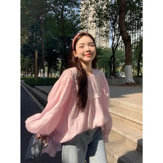 Áo sơ mi dài tay nữ thời trang Hàn Quốc cổ tròn dáng rộng cổ hồng plus size áo