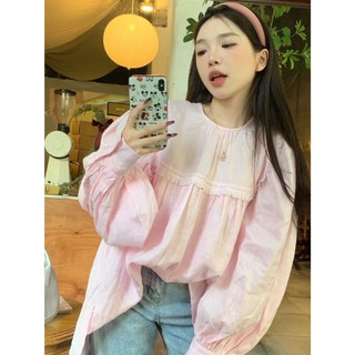Áo sơ mi dài tay nữ thời trang Hàn Quốc cổ tròn dáng rộng cổ hồng plus size áo