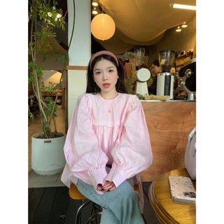 Áo sơ mi dài tay nữ thời trang Hàn Quốc cổ tròn dáng rộng cổ hồng plus size áo