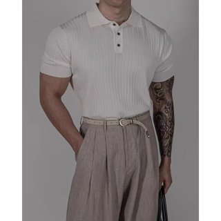Châu Âu Mỹ Slim-fit Ice Silk Áo Len Ngắn Tay Nam Mùa Hè Dạo Phố Cao Cấp Áo Sơ Mi polo Thời Trang Đơn Giản Ve Áo Phiên Bản Hàn Quốc Áo Thun