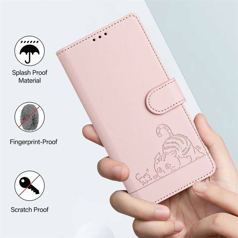 Ốp Lưng Cho Samsung Galaxy A33 A34 A35 A30s A50 A50s A52 A52s A53 A54 A55 A72 A73 A51 A71 4g 5g Ví Lật Da 3D Dập Nổi Dễ Thương Khe Cắm Thẻ Mèo Có Dây Buộc