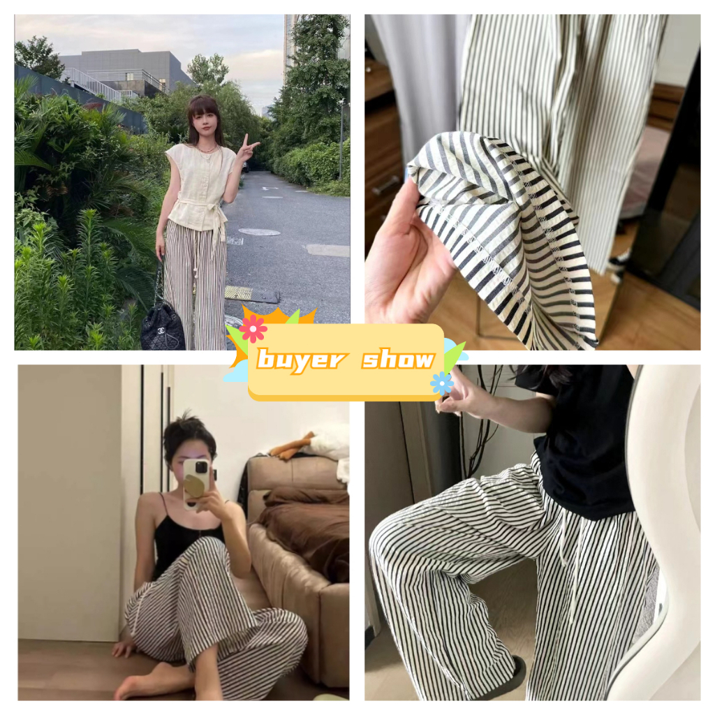 quần ống rộng Quần Dài Nữ Sọc Đen Có Túi Bên Hông Phong Cách Mới