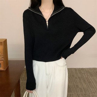 Hàng sẵn có dành cho nữ Áo len dây kéo màu trơn Áo dệt kim mùa thu Áo sơ mi dài tay mới dành cho nữ