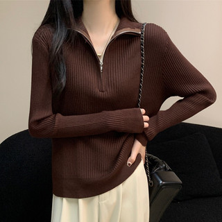 Hàng sẵn có dành cho nữ Áo len dây kéo màu trơn Áo dệt kim mùa thu Áo sơ mi dài tay mới dành cho nữ
