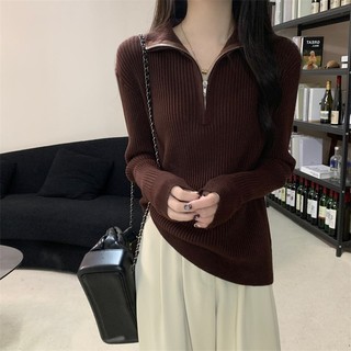 Hàng sẵn có dành cho nữ Áo len dây kéo màu trơn Áo dệt kim mùa thu Áo sơ mi dài tay mới dành cho nữ