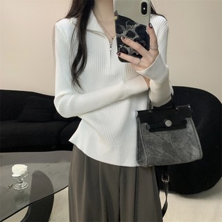 Hàng sẵn có dành cho nữ Áo len dây kéo màu trơn Áo dệt kim mùa thu Áo sơ mi dài tay mới dành cho nữ