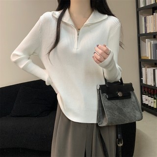 Hàng sẵn có dành cho nữ Áo len dây kéo màu trơn Áo dệt kim mùa thu Áo sơ mi dài tay mới dành cho nữ