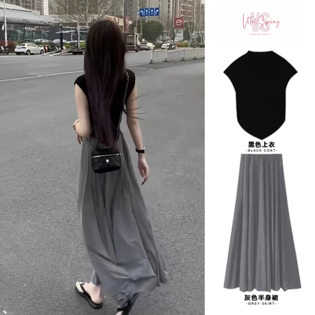 Váy dài rách + Bộ đồ hai mảnh màu đen Bộ đồ mùa hè Bộ đồ hai mảnh Tính ...