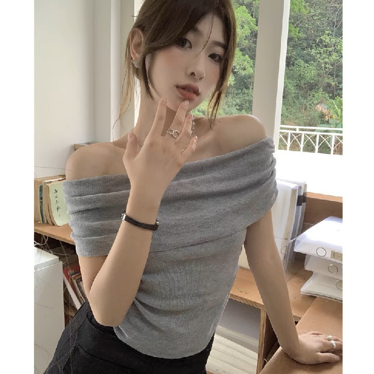 Áo thun dệt kim một vai nữ mùa hè phong cách mới Slim-Fit Áo thun quây G