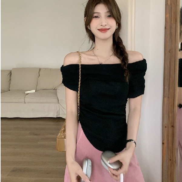 Áo thun dệt kim một vai nữ mùa hè phong cách mới Slim-Fit Áo thun quây G