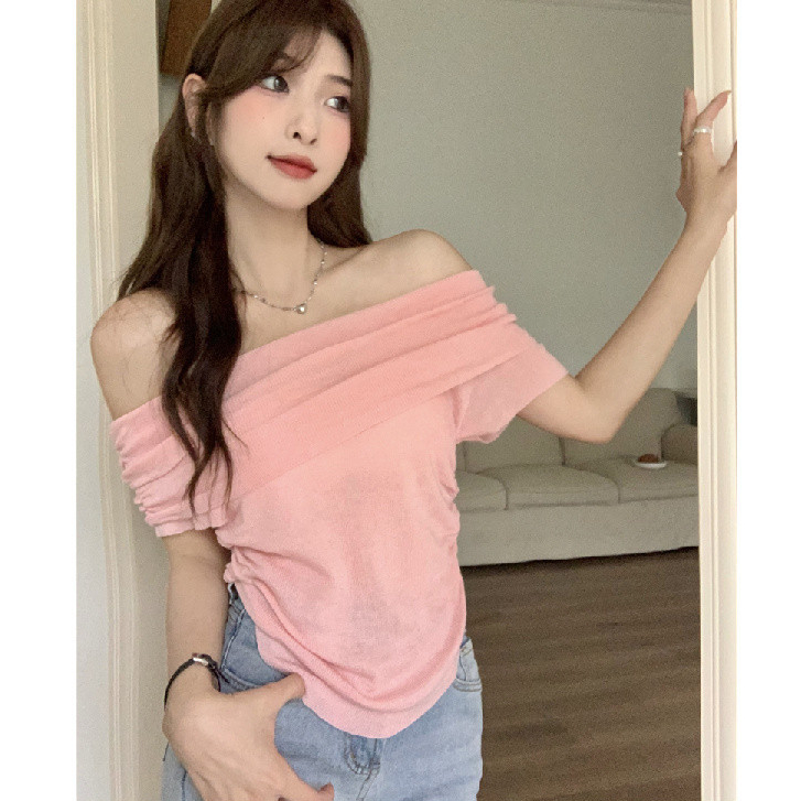 Áo thun dệt kim một vai nữ mùa hè phong cách mới Slim-Fit Áo thun quây G