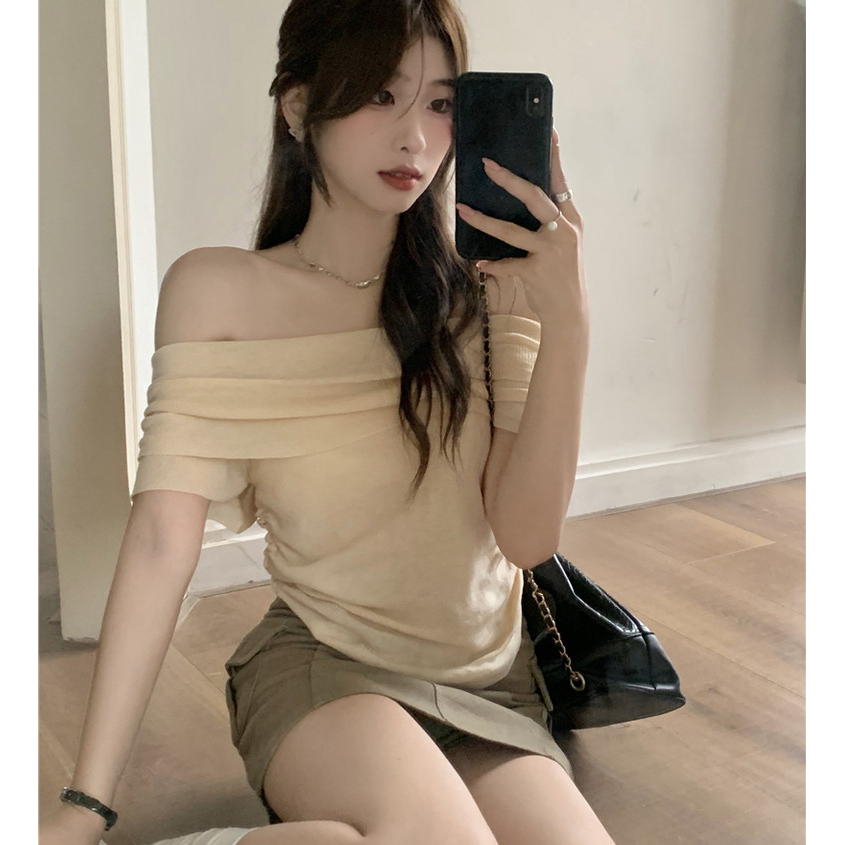 Áo thun dệt kim một vai nữ mùa hè phong cách mới Slim-Fit Áo thun quây G