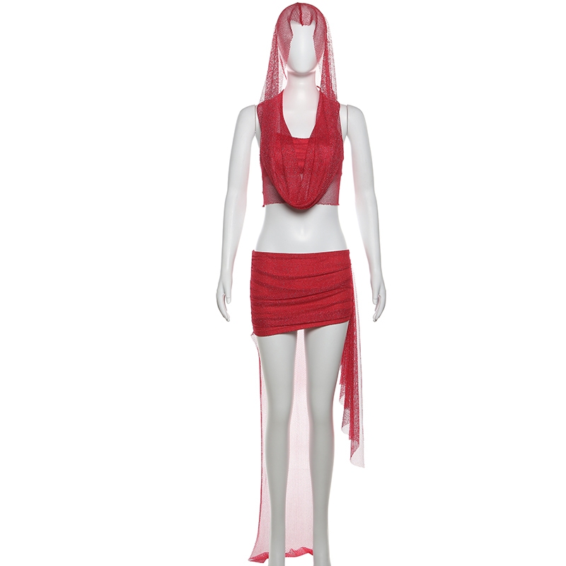 Cutenew Sequins Lưới Gợi Cảm Hai Mảnh Bộ Nữ Mùa Hè Có Mũ Trùm Đầu Tank Top + Váy Dự Tiệc Trang Phục