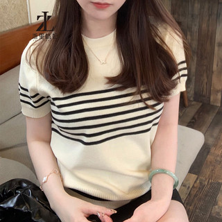 ZHELIHANGFEI Quần áo nữ Hàn Quốc Áo thun ngắn tay sọc mơ dệt kim cho áo thường ngày và đa năng