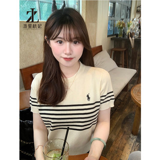ZHELIHANGFEI Quần áo nữ Hàn Quốc Áo thun ngắn tay sọc mơ dệt kim cho áo thường ngày và đa năng