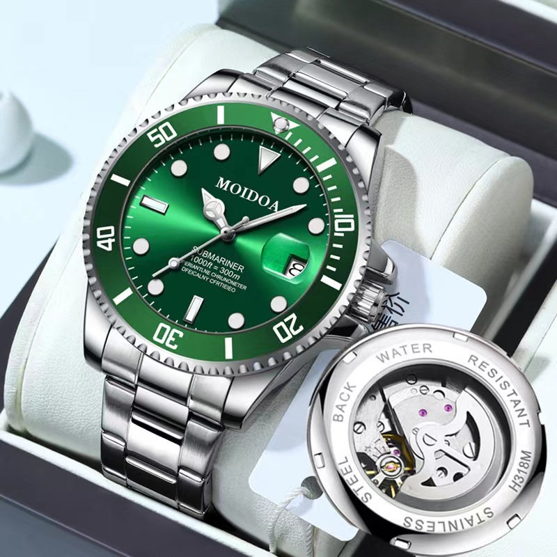 Đồng hồ ma nước xanh dành cho nam Đồng hồ cơ hoàn toàn tự động Lịch phát sáng ban đêm chống nước