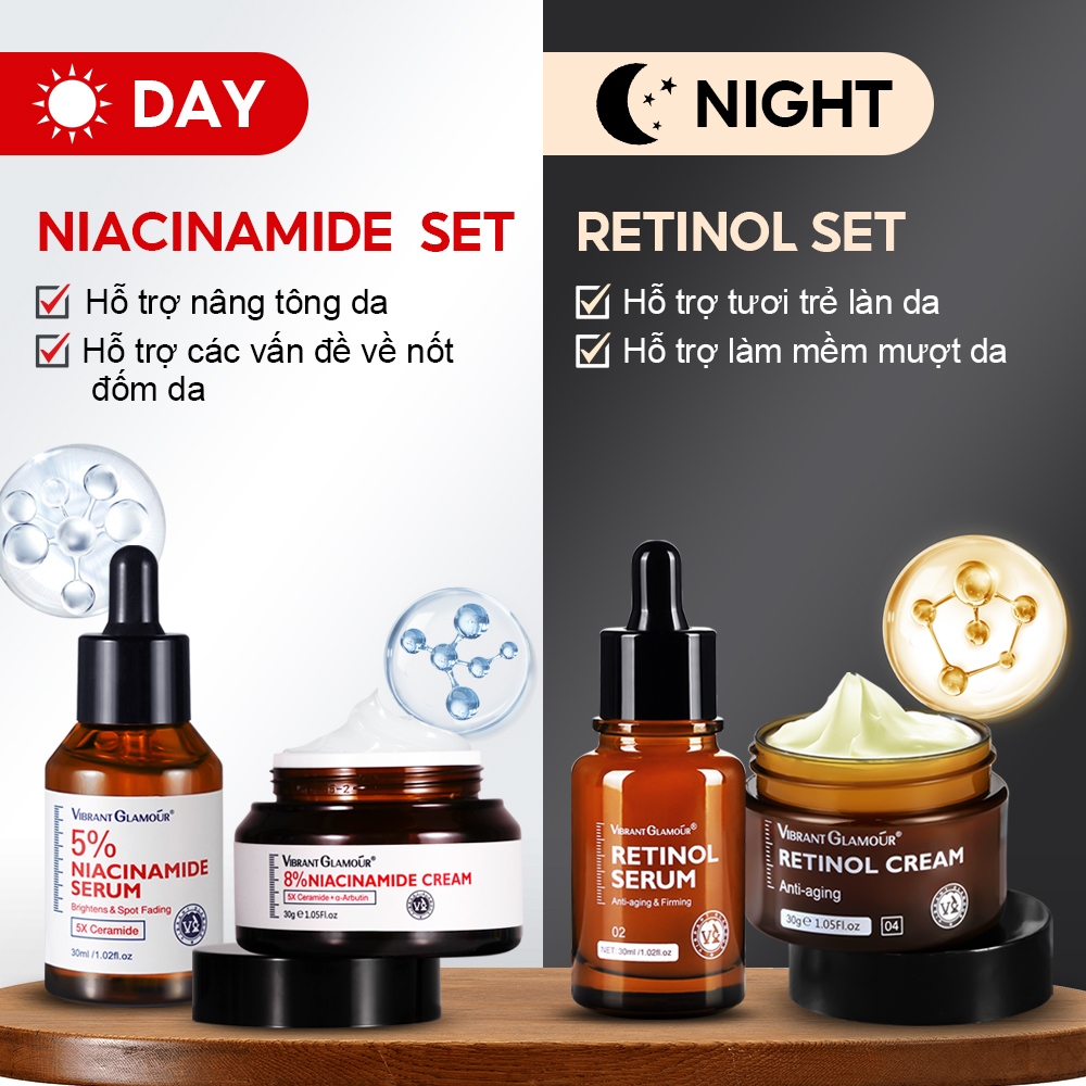 Ảnh Niacinamide + Retinol Bộ Sáng/Đêm 4PCS VIBRANT GLAMOUR Bộ Chăm Sóc Da Đơn Giản Ban Ngày/Ban Đêm Làm Trắng Da & Giảm Thâm Nám & Chống Lão Hóa & Bổ Sung Collagen & Dưỡng Ẩm Lâu Dài 1