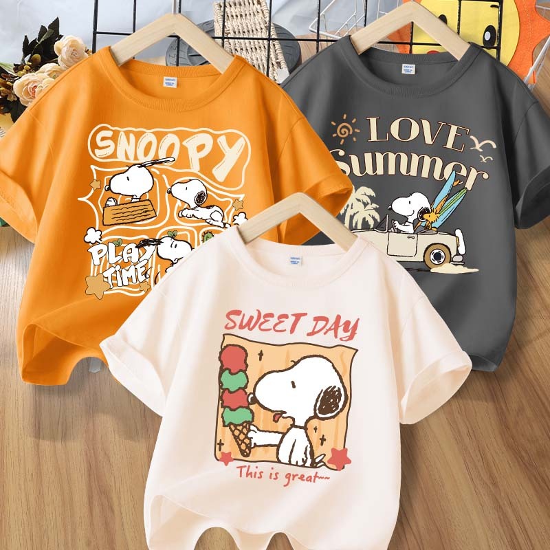 [110cm-160cm]  Áo thun bé trai Quần áo trẻ em Áo thun ngắn tay Cotton nguyên chất dễ thương in Snoopy