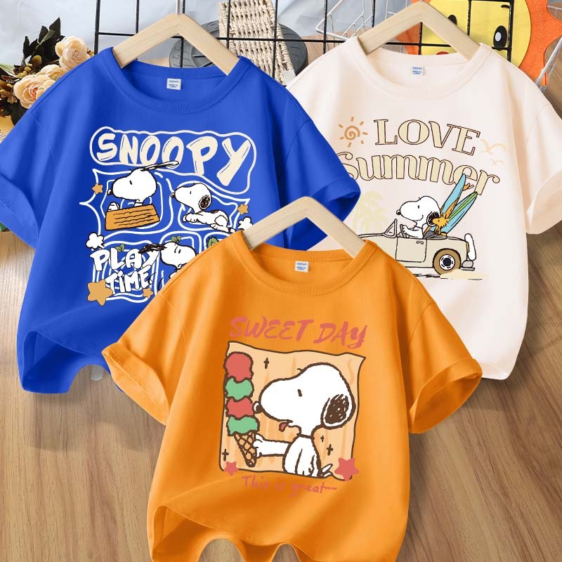 [110cm-160cm]  Áo thun bé trai Quần áo trẻ em Áo thun ngắn tay Cotton nguyên chất dễ thương in Snoopy