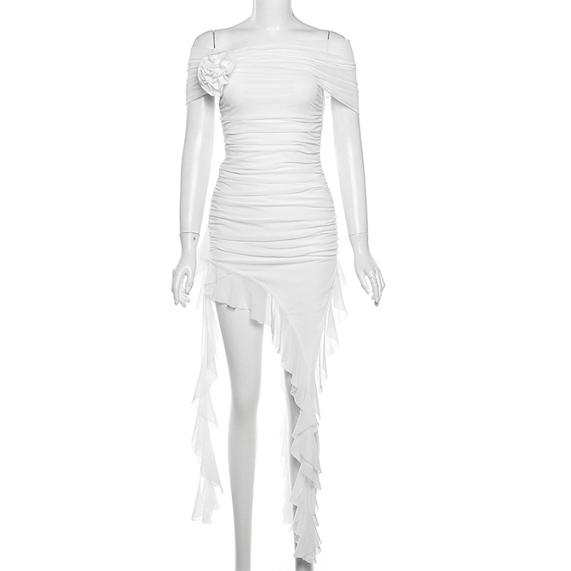 Cutenew Thanh Lịch Tắt Vai 3D Hoa Hồng Trang Trí Mini Đầm Cho Nữ Tua Rua Không Đều Đảng Sinh Nhật Rud Bodycon Váy Mùa Hè 2024
