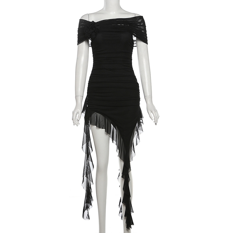 Cutenew Thanh Lịch Tắt Vai 3D Hoa Hồng Trang Trí Mini Đầm Cho Nữ Tua Rua Không Đều Đảng Sinh Nhật Rud Bodycon Váy Mùa Hè 2024