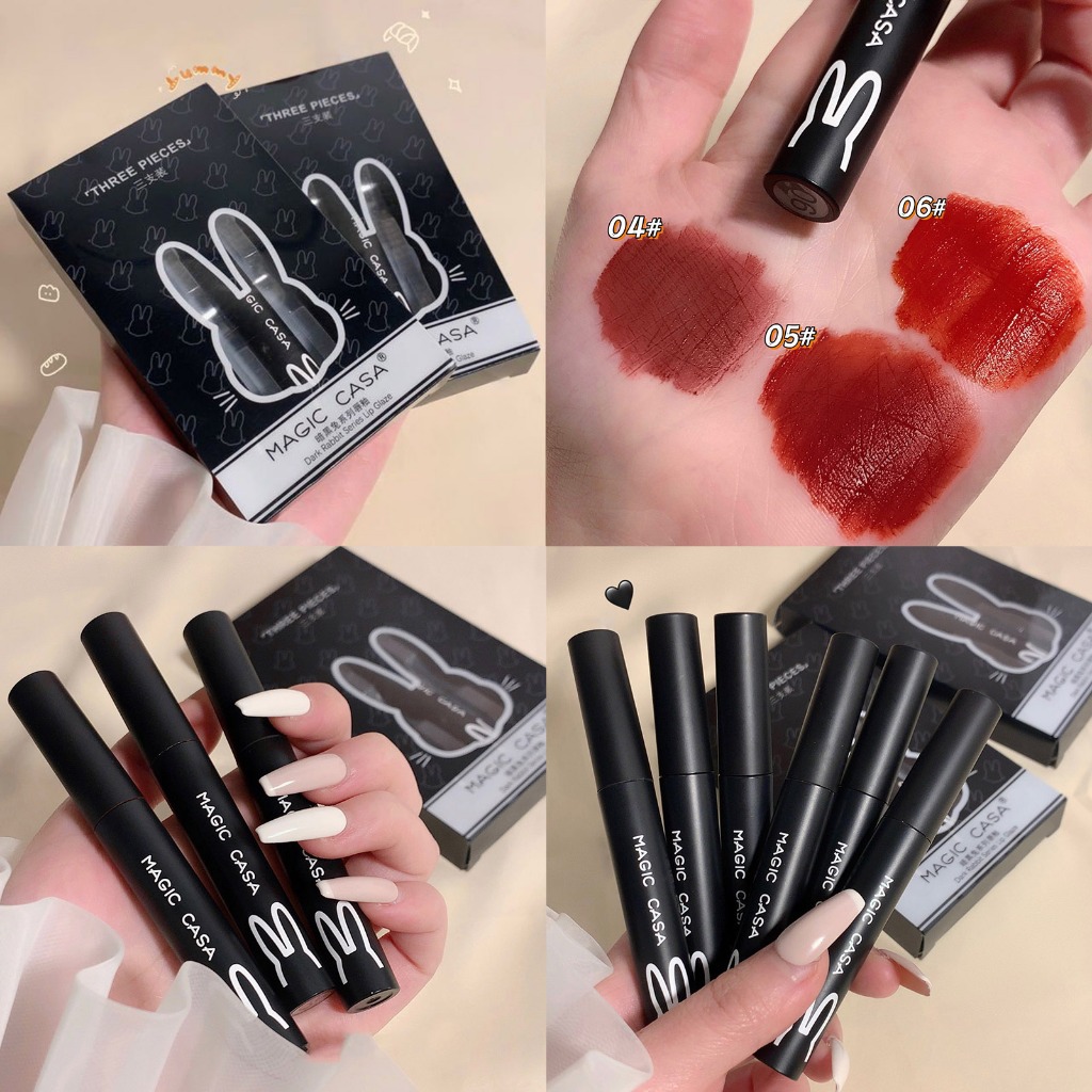 Set 3 Son Kem Thỏ Đen Magic Casa Không Thấm Nước, Lâu Trôi, Bền Màu Dark Rabbit Lip Glaze