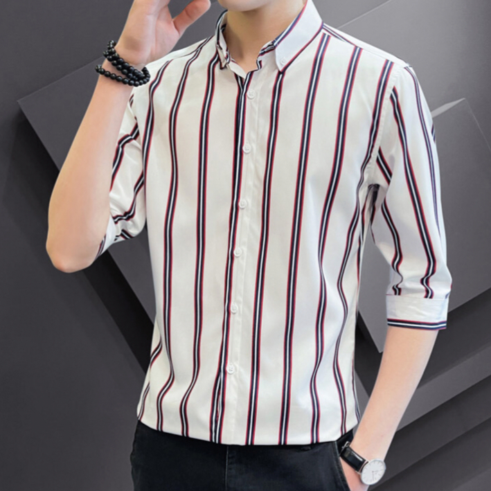 Mới Văn Phòng Sọc Áo Sơ Mi 3 / 4 Tay Slim Fit Kiểm Tra Áo Sơ Mi Công Sở Thường Ngày M-5XL