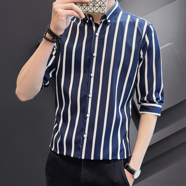 Mới Văn Phòng Sọc Áo Sơ Mi 3 / 4 Tay Slim Fit Kiểm Tra Áo Sơ Mi Công Sở Thường Ngày M-5XL