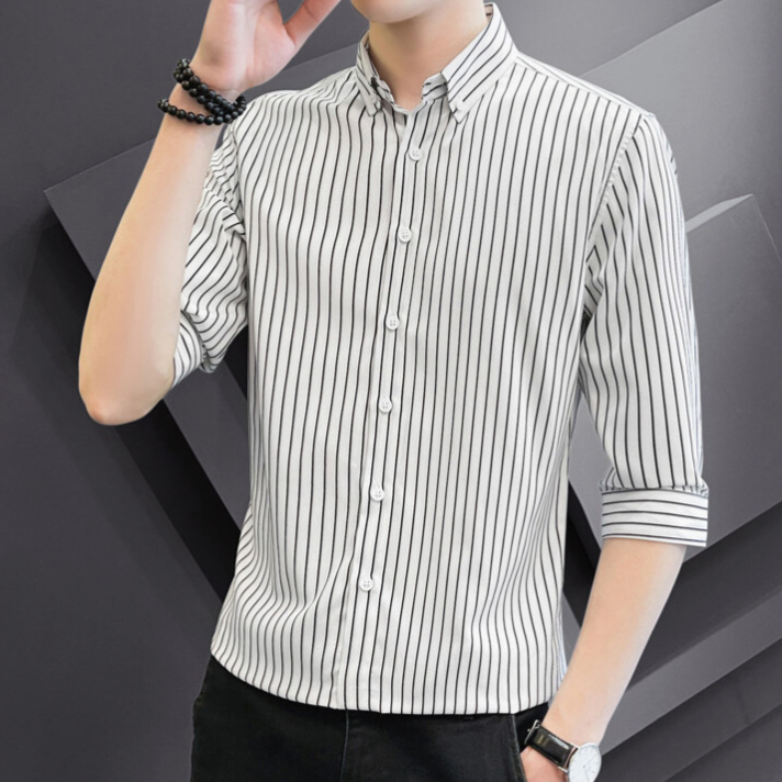 Mới Văn Phòng Sọc Áo Sơ Mi 3 / 4 Tay Slim Fit Kiểm Tra Áo Sơ Mi Công Sở Thường Ngày M-5XL