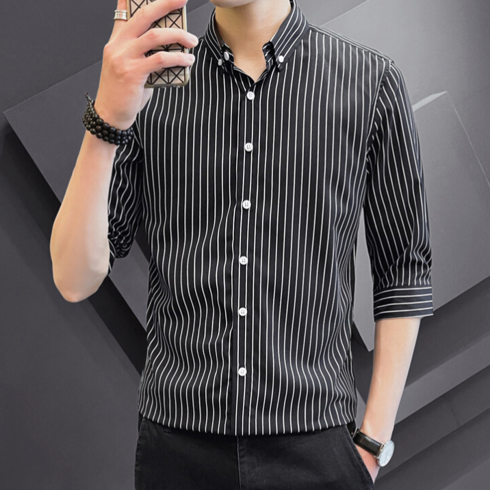 Mới Văn Phòng Sọc Áo Sơ Mi 3 / 4 Tay Slim Fit Kiểm Tra Áo Sơ Mi Công Sở Thường Ngày M-5XL