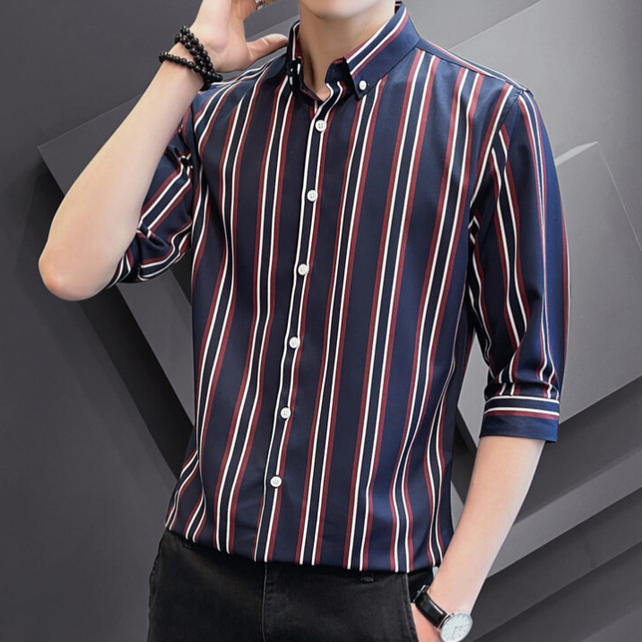 Mới Văn Phòng Sọc Áo Sơ Mi 3 / 4 Tay Slim Fit Kiểm Tra Áo Sơ Mi Công Sở Thường Ngày M-5XL