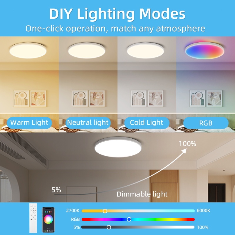 Đèn trần RGB Đèn trần Led Điều khiển từ xa Bluetooth 24W Chiếu sáng trong nhà Làm mờ 30cm Đèn bảng tròn