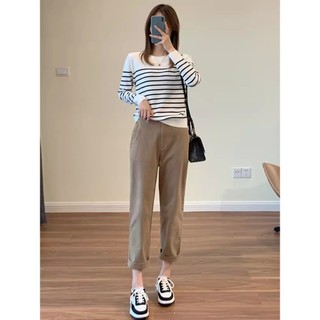 Phong Cách Hàn Quốc Nữ Nữ Rời Dệt Kim Sọc Áo Sơ Mi Dài Tay Áo Baju Baju Wanita Lengan Panjang Áo