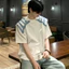 Tianlesiwei Áo thun đeo vai đơn giản mùa hè phiên bản Hàn Quốc của áo thun denim viền thô khâu cổ tròn tay ngắn