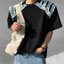 Tianlesiwei Áo thun đeo vai đơn giản mùa hè phiên bản Hàn Quốc của áo thun denim viền thô khâu cổ tròn tay ngắn