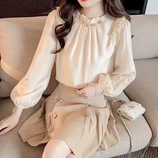 Phong Cách Hàn Quốc Nữ Nữ Voan Ruffle Thêu Áo Sơ Mi Tay Dài Áo Baju Baju Wanita Lengan Panjang