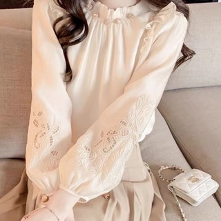 Phong Cách Hàn Quốc Nữ Nữ Voan Ruffle Thêu Áo Sơ Mi Tay Dài Áo Baju Baju Wanita Lengan Panjang