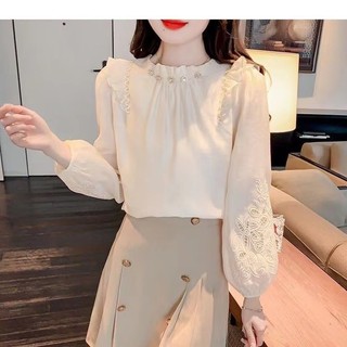 Phong Cách Hàn Quốc Nữ Nữ Voan Ruffle Thêu Áo Sơ Mi Tay Dài Áo Baju Baju Wanita Lengan Panjang